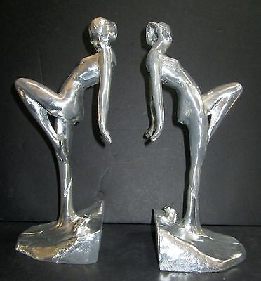 Frankart Nymph with Frog Bookends Art Deco in unfinshed aluminum 10" Tall a pair