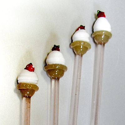 (4 PCs) ICE CREAM CONE Crystal Glass Swizzle Sticks,Cocktail Stirrers Drink stIX