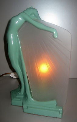 Frankart Butterfly Nymph Greenie finish an Art Deco Table Lamp Metal & glass USA