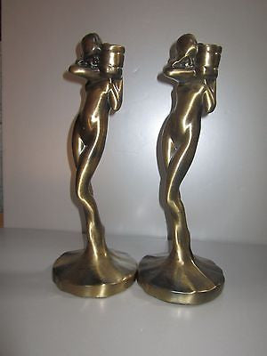 FRANKART NYMPHS Standing Candlesticks Art Deco Antique Brass A Pair USA
