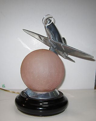 WWII Style Fighter Airplane Art Deco Lamp with a Crackled Glass Globe- Aluminum