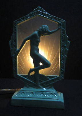 Frankart Style Flapper Nymph Art Deco in Greenie Lamp in Metal & glaSS
