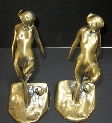 Frankart Nymph with Frog Bookends Art Deco in Brass 10" Tall metal a pair USA