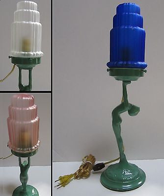 Frankart Art Deco Standing Lamp Up Stretched Arms Greenie all metal and Glass