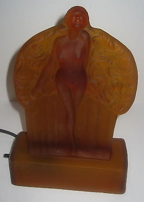 Frankart Sally Rand Nude Feather Nymph Frosted Amber Glass Art Deco laMP