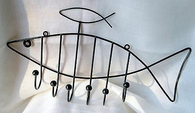 1970'S Eames Style Art Deco 2 Fish Wall coat, key, mug rack  steel wiRE