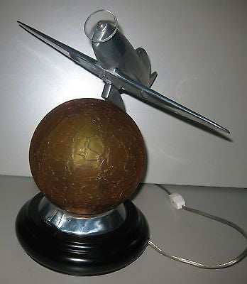 WWII Style Fighter Airplane Art Deco Lamp with a Crackled Glass Globe- Aluminum