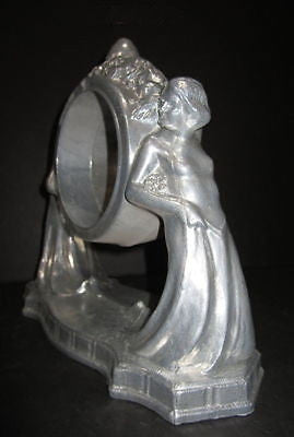 Nymphs two on art deco moderne mantle clock case in aluminum heavy flapper USA