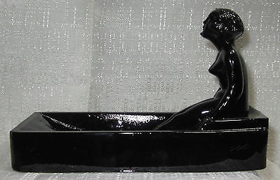 Art Deco nymph card desk tray ashtray soap dish in black amethyst all glass USA
