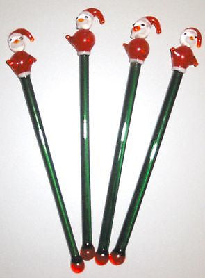 4 pcs SANTA CLAUS crystal glass swizzle sticks cocktail stirrers drink stix