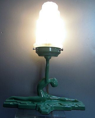 Frankart style "NuArt" Art Deco Lamp Nymph Doing a Split in Green Glass+ metal