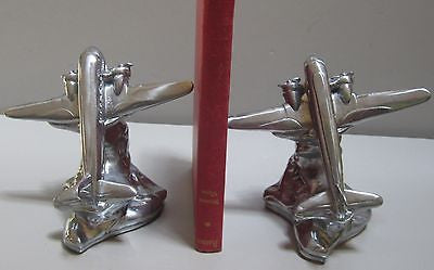 DC-3 - Airplane Bookends Art Deco Period Polished Aluminum Metal, USA a pair