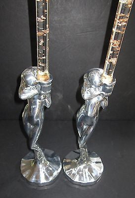 FRANKART Nymphs Art Deco standing nude Candlesticks Polished ALUMINUM - a paIR