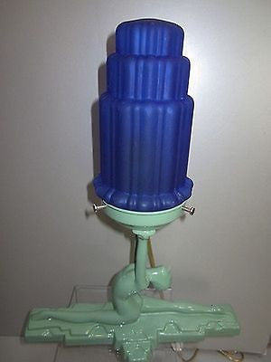 Frankart style "NuArt" Art Deco Lamp Nymph Doing a Split in Green Glass+ metal
