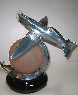 WWII Style Fighter Airplane Art Deco Lamp with a Crackled Glass Globe- Aluminum
