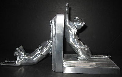 Frankart Style Cats Up + Down Bookends Art Deco Moderne aluminum castiings pair