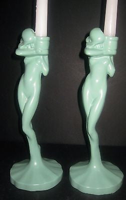 Frankart Nymphs Art Deco standing nude Candlesticks Greenie  Alumininum,a paIR