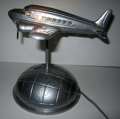 DC-3  AIRPLANE over the  Earth Base Table Lamp  ART DECO all aluminUM