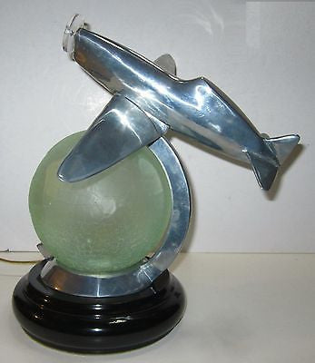 WWII Style Fighter Airplane Art Deco Lamp with a Crackled Glass Globe- Aluminum