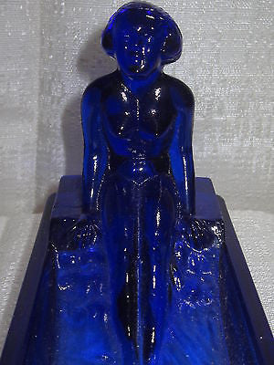 Art Deco nymph card desk tray ashtray soap dish in cobalt blue all glass USA