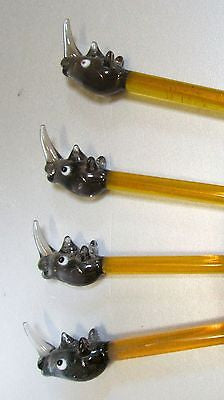 4 pcs Rhino Rhinoceros lead crystal glass cocktail sticks stix drink Stirrers