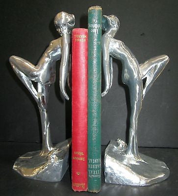 Frankart Nymph with Frog Bookends Art Deco in unfinshed aluminum 10" Tall a pair