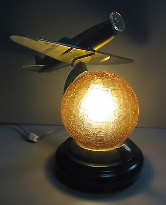 WWII Style Fighter Airplane Art Deco Lamp with a Crackled Glass Globe- Aluminum