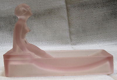 Art Deco nymph card desk tray ashtray soap dish frosted pink all glass USA