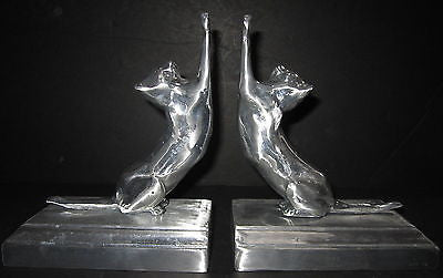 Frankart Style Cats Up + Down Bookends Art Deco Moderne aluminum castiings pair