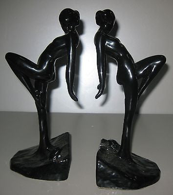 Frankart Nymph with Frog Bookends, Art Deco in Black,10" Tall- metal, a paIR