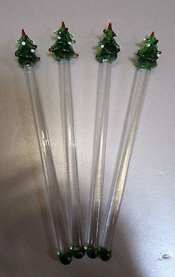 (4 PCs) Original ChristmasTree Glass Swizzle Sticks Cocktail Stirrers Drink stIX