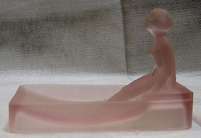Art Deco nymph card desk tray ashtray soap dish frosted pink all glass USA