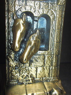 Horses in the Barn Brass Metal Clock Casing Very Tall