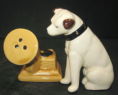 Nipper Victor Edison Dog Phonograph Salt and Pepper S & P Ceramic NOS Old StoCK