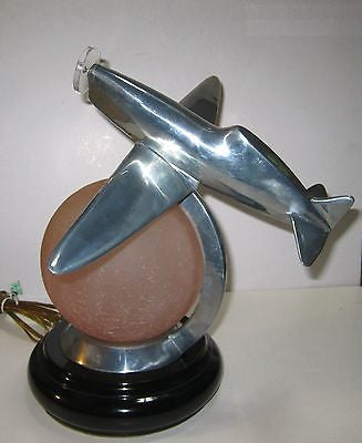 WWII Style Fighter Airplane Art Deco Lamp with a Crackled Glass Globe- Aluminum