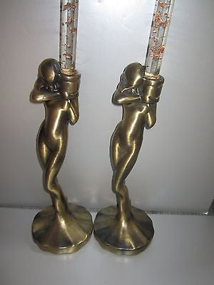 FRANKART NYMPHS Standing Candlesticks Art Deco Antique Brass A Pair USA