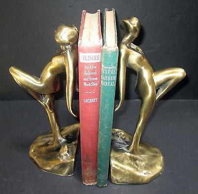 Frankart Nymph with Frog Bookends Art Deco in Brass 10" Tall metal a pair USA