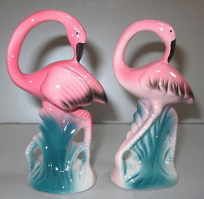 Flamingo large salt and pepper shakers, s + p ceramic  c1986  4" tall