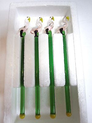 4 pcs Flamingo lead crystal glass cocktail sticks stix drink 4 stirrers
