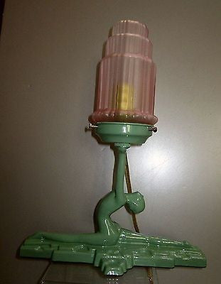Frankart style "NuArt" Art Deco Lamp Nymph Doing a Split in Green Glass+ metal