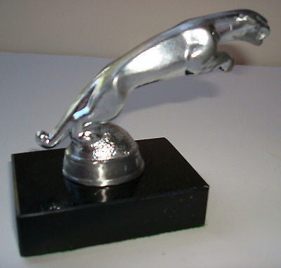 1950's JAGUAR AUTO CAR HOOD ORNAMENT MASCOT by HOFFMAN, all metal on marble base