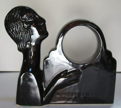 Nymph  Art Deco black ceramic mantle clock case old Japanese