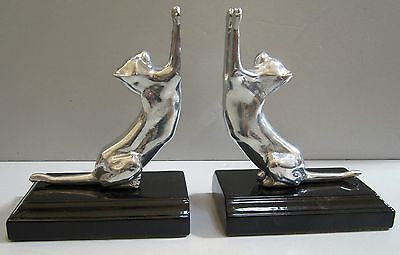 Frankart Style Cats Up + Down Bookends, Art Deco - Moderne in Black+Alum a Pair