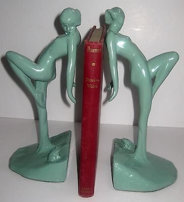 FrankArt Nymph with Frog Bookends, Art Deco in Green 10" Tall- metal, a paIR