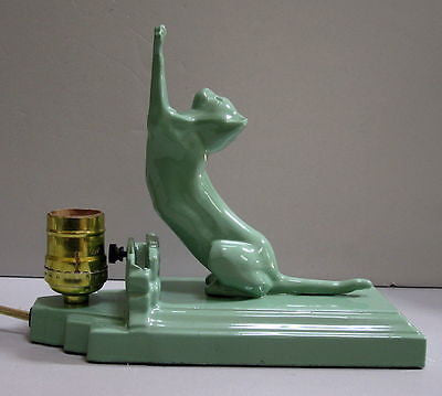 FRANKART Style Art Deco CAT KITTEN Lamp USA Greenie Finish metal and glaSS