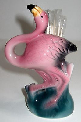 Flamingo Toothpick or -Pen Holder Figurine Ceramic 1980's  3-1/4 inches tall