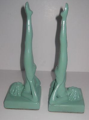 Frankart Standing Nymphs Bookends, Art Deco in Green,metal, 9-1/4" Tall a paIR