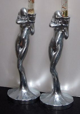 FRANKART Nymphs Art Deco standing nude Candlesticks Unfinished Aluminum Pair USA