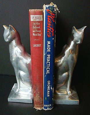 Frankart Sitting Cat Bookends, Art Deco Moderne  Unfinished Aluminum a pair USA