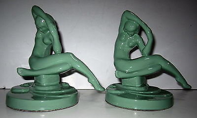 Frankart Nymph Kneeling -Bookends Art Deco Greenie finish all metal a pair USA